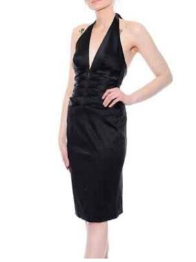 Cache One-Shoulder Black Satin Cocktail Dress